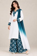 Almond white lawn shirt with teal floral trousers and ombre chiffon dupatta