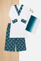 Flat lay of almond white lawn shirt, teal floral trousers and ombre dupatta