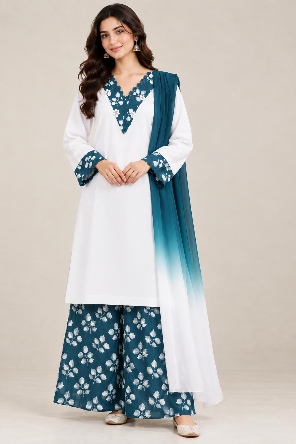 Teal and almond white lawn three-piece suit, full front view