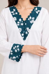 Teal floral V-neck panel and scalloped cuff on almond white lawn shirt